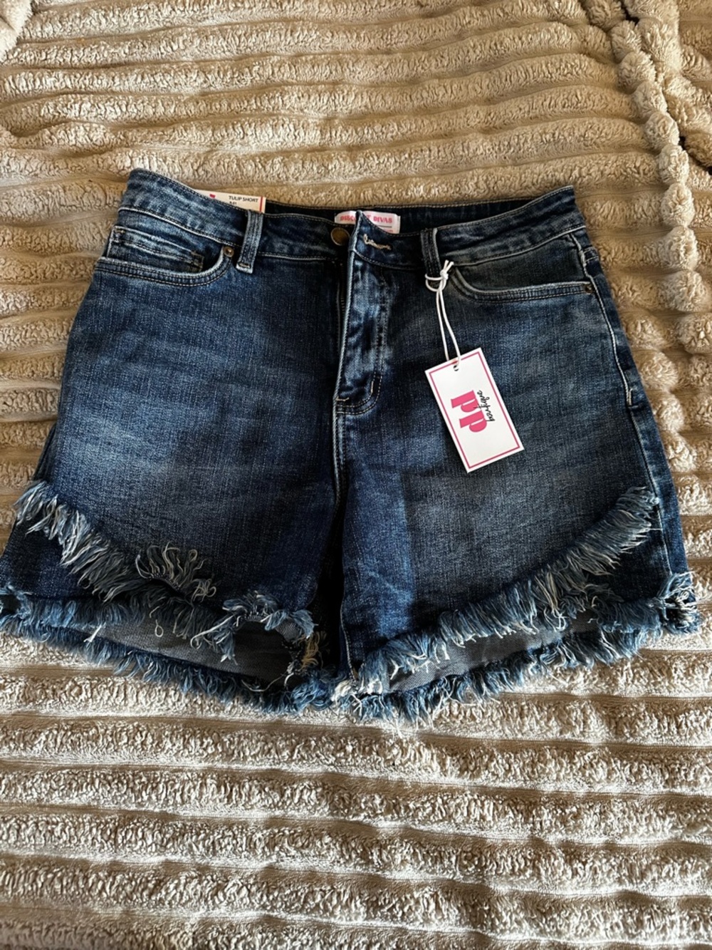 Dark Blue Frayed Hem Denim Shorts - P.J. Salvage